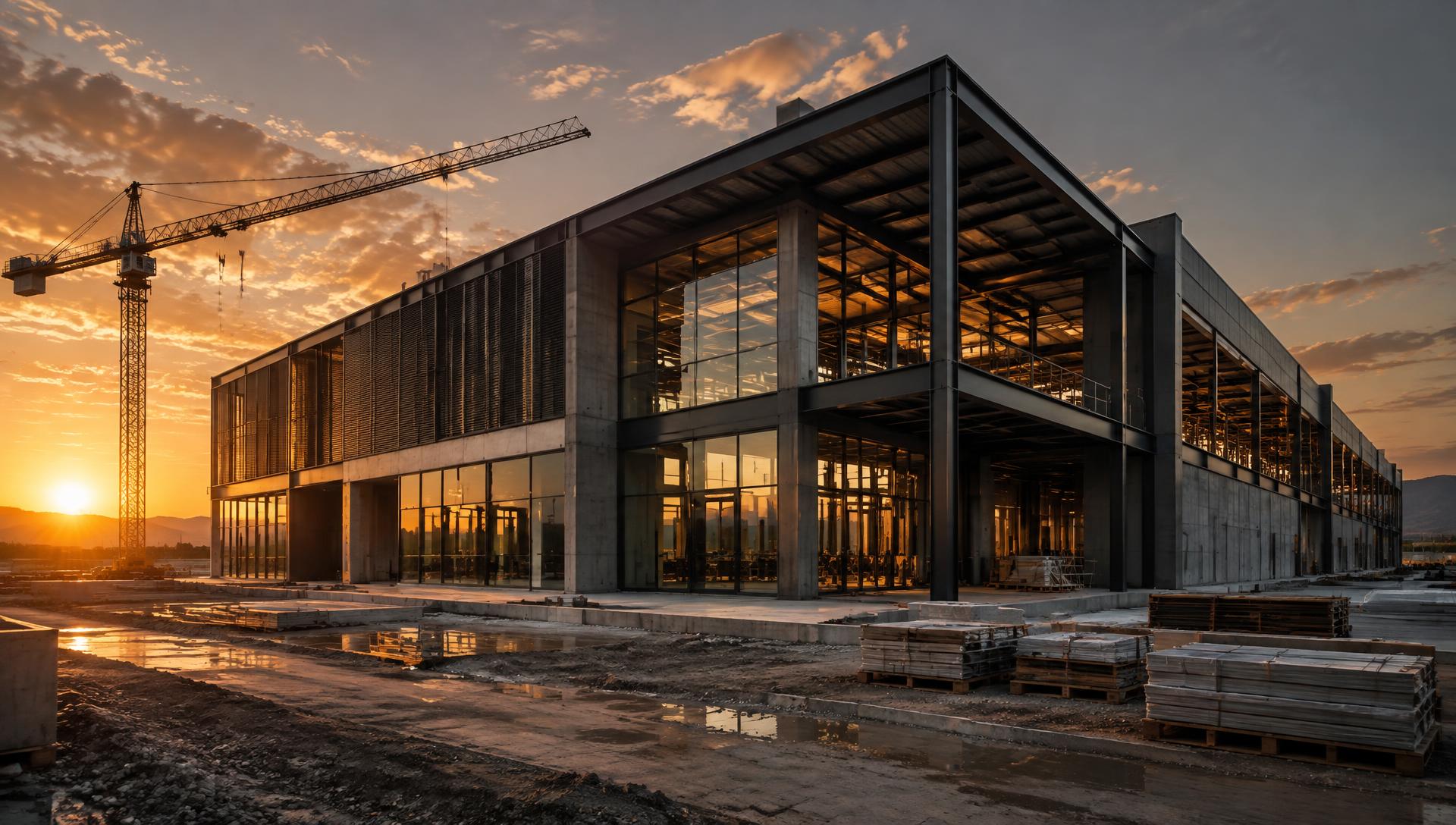Commercial building under construction at sunset
